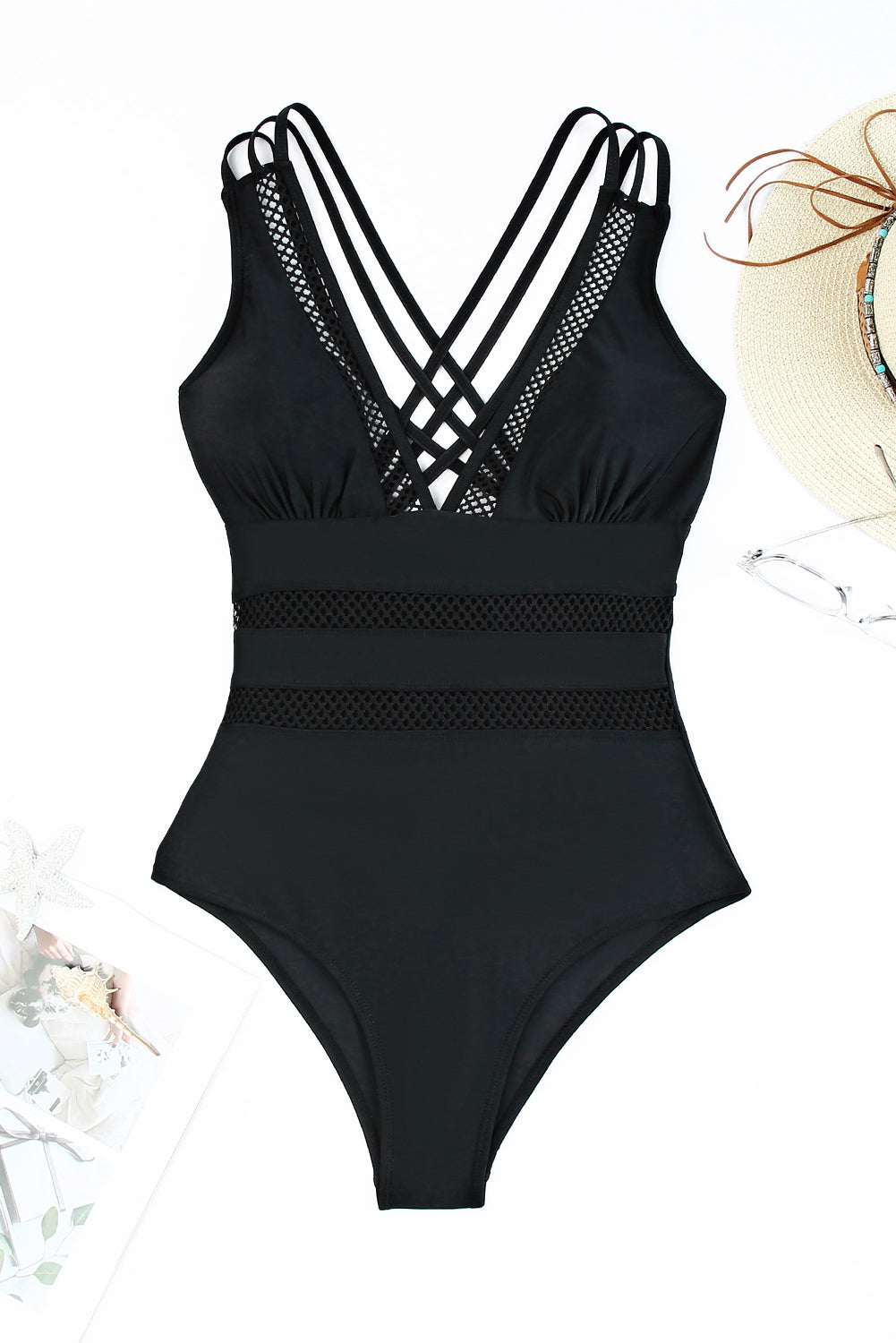 Black Solid Mesh One Piece Swimsuit