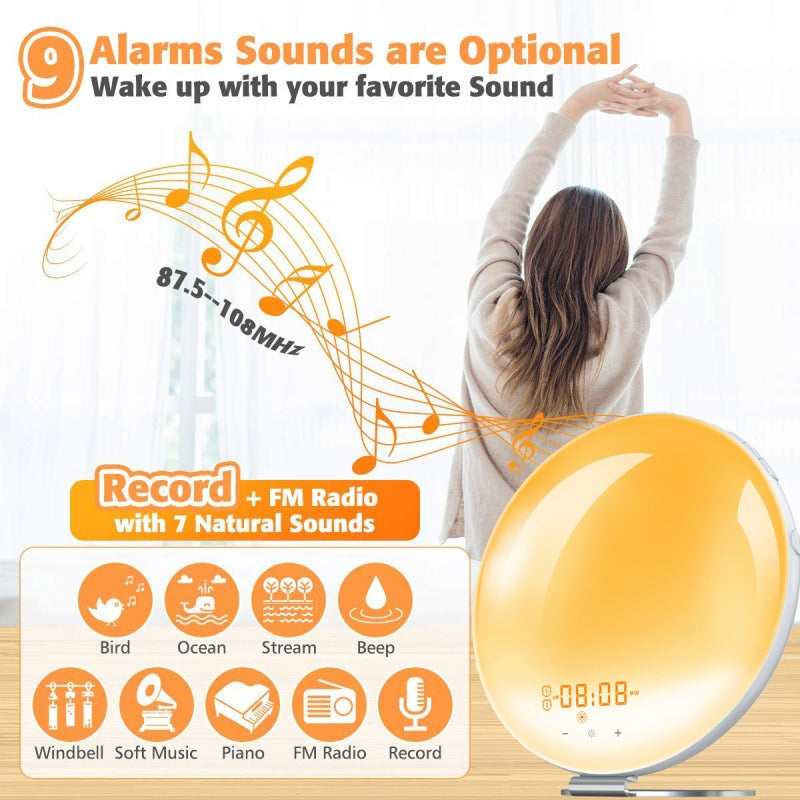 FM radio smart alarm clock simulates sunrise and sunset to wake up and sleep with lights and colorful atmosphere lights