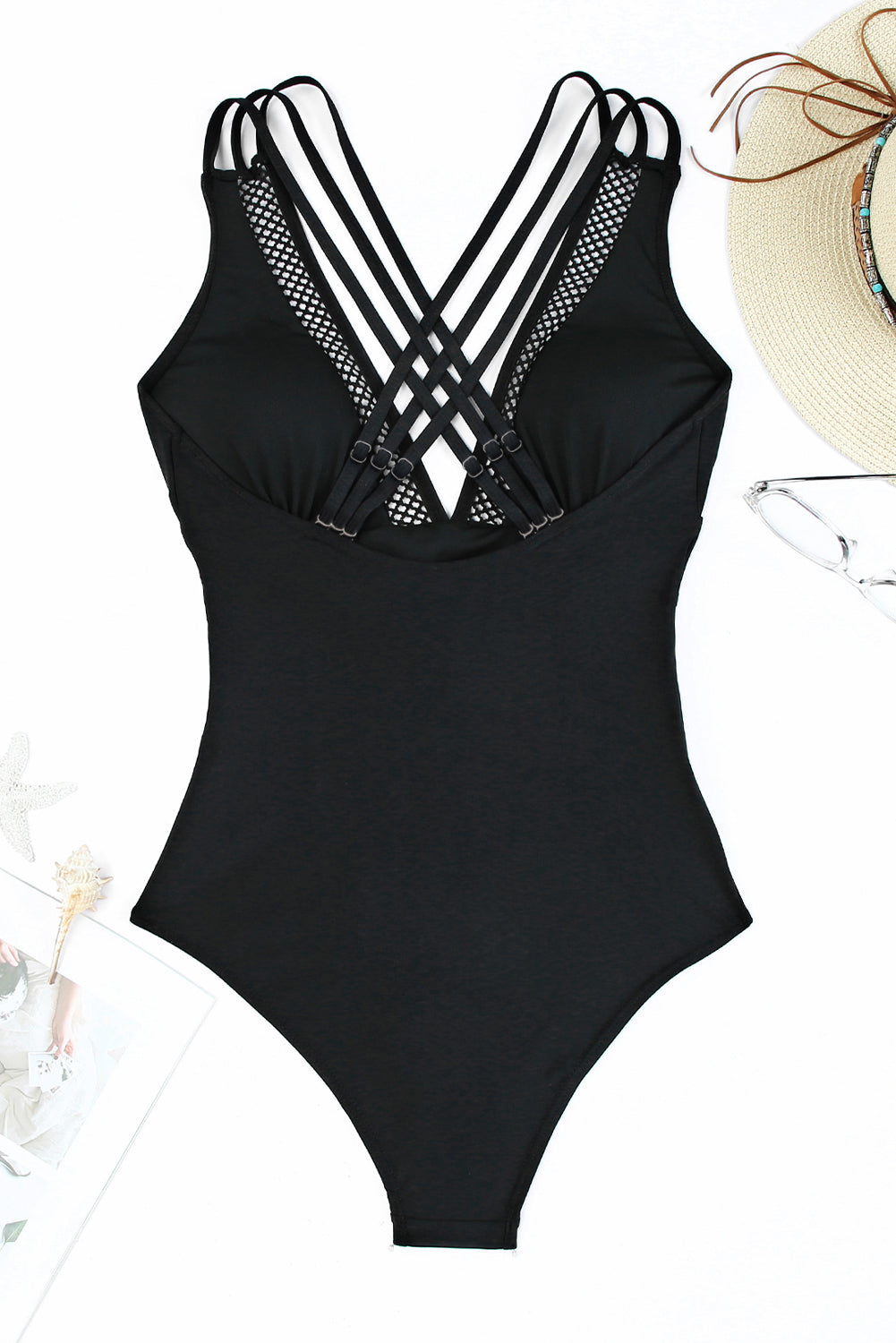 Black Solid Mesh One Piece Swimsuit