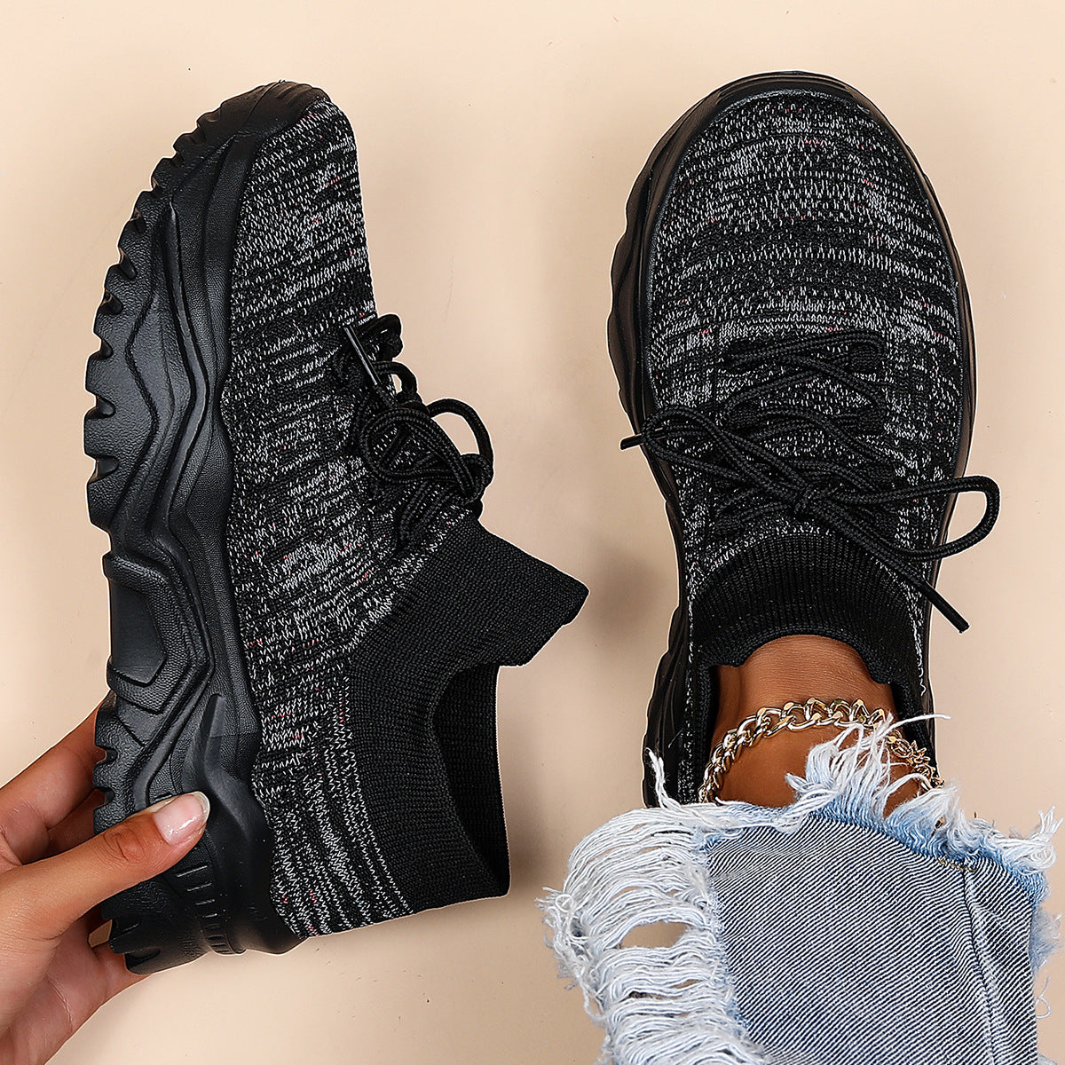 Sports women's shoes breathable fly woven socks shoes for lazy people one step on lazy shoes