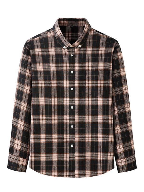 New Large Size Men's Brushed Long Sleeve Shirt Casual Plaid Long Sleeve Shirt