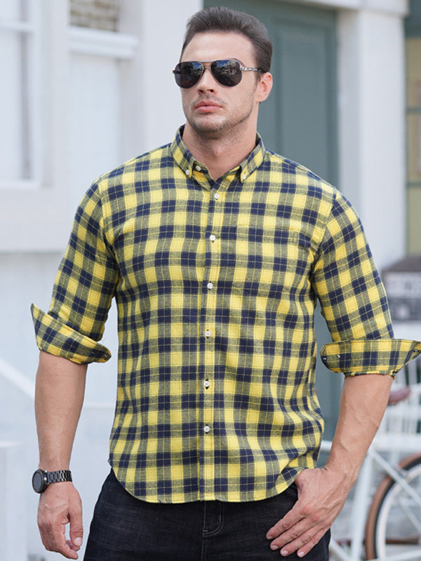 New Large Size Men's Brushed Long Sleeve Shirt Casual Plaid Long Sleeve Shirt
