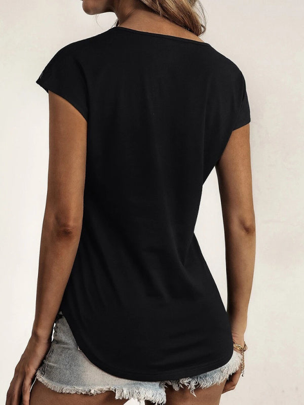 Women's solid color round neck zipper stitching lace short-sleeved T-shirt