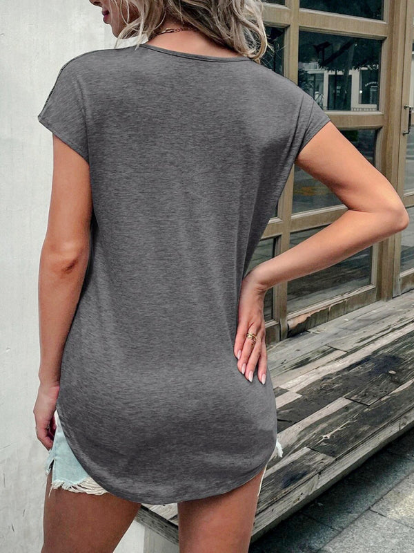Women's solid color round neck zipper stitching lace short-sleeved T-shirt