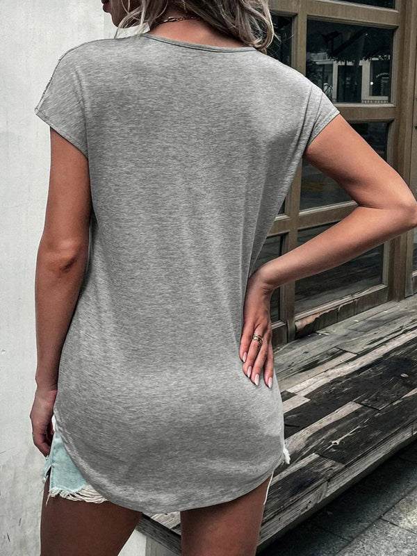 Women's solid color round neck zipper stitching lace short-sleeved T-shirt