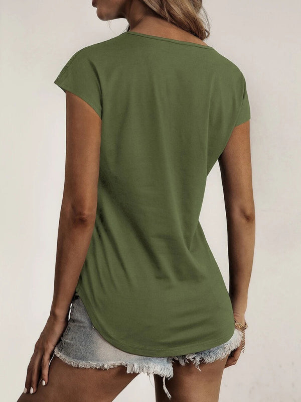 Women's solid color round neck zipper stitching lace short-sleeved T-shirt