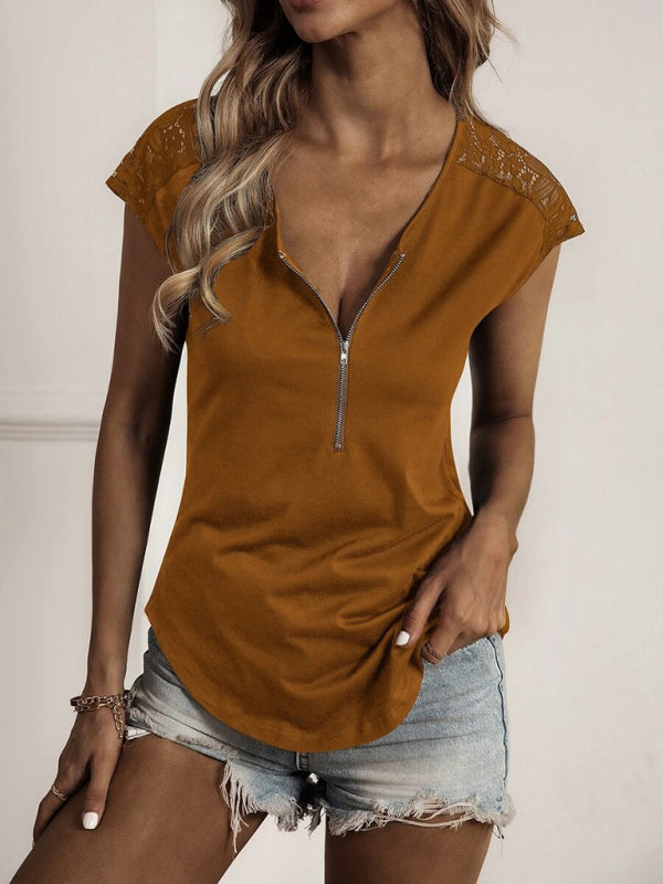 Women's solid color round neck zipper stitching lace short-sleeved T-shirt