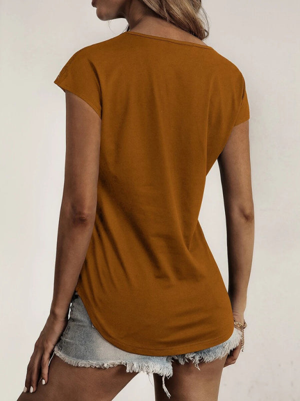 Women's solid color round neck zipper stitching lace short-sleeved T-shirt