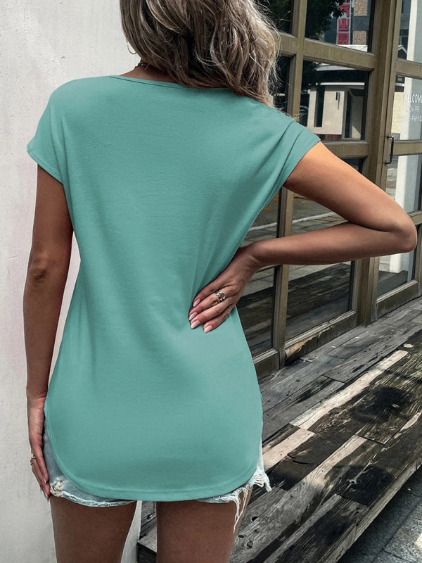 Women's solid color round neck zipper stitching lace short-sleeved T-shirt