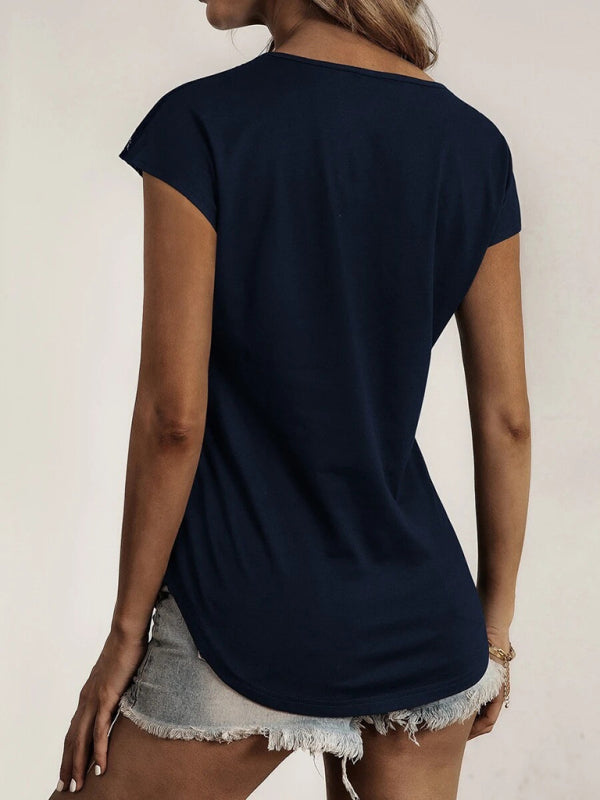 Women's solid color round neck zipper stitching lace short-sleeved T-shirt