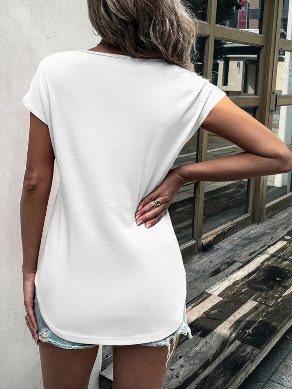 Women's solid color round neck zipper stitching lace short-sleeved T-shirt