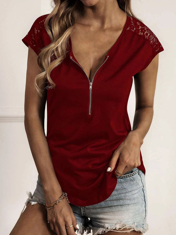 Women's solid color round neck zipper stitching lace short-sleeved T-shirt