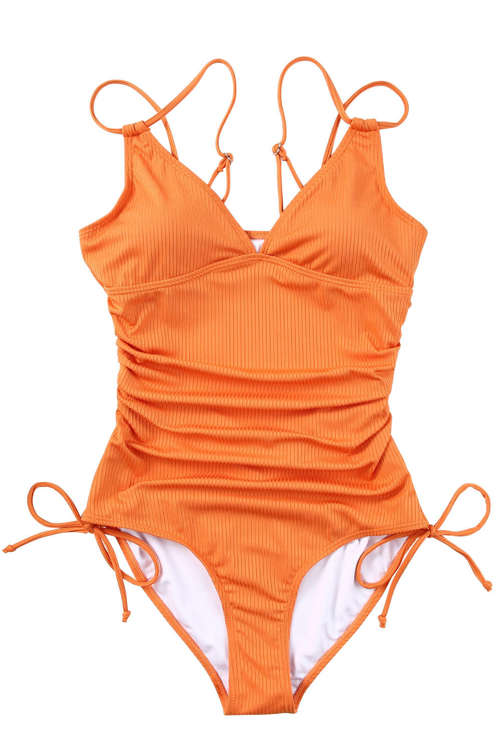 Orange Adjustable Straps Ribbed Knit One Piece Swimsuit