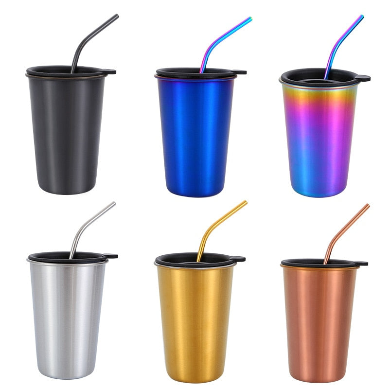 500ml 304 Stainless Steel Coffee Mugs Metal Straw Reusable Tumbler Pint Outdoor Camping Travel Mug Drinking Juice Tea Beer Cups