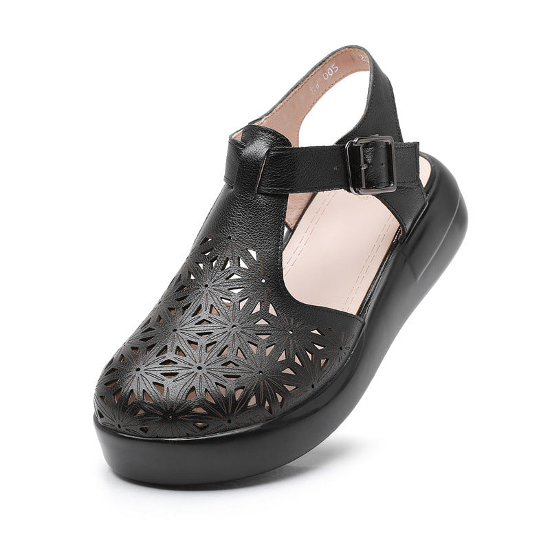 Thick soled toe sandals women's genuine leather sponge cake wedge heel hollowed out hole shoes flat bottomed women's shoes