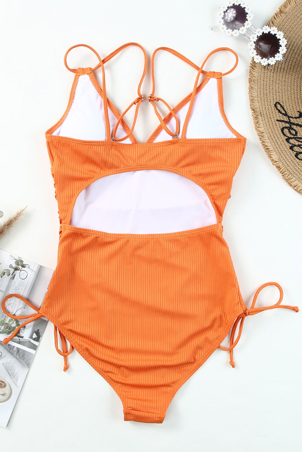 Orange Adjustable Straps Ribbed Knit One Piece Swimsuit