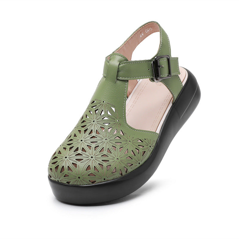Thick soled toe sandals women's genuine leather sponge cake wedge heel hollowed out hole shoes flat bottomed women's shoes